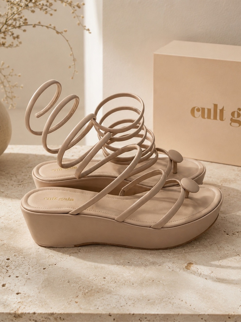 cult gaia Tan Strappy Wrap Platform Sandals